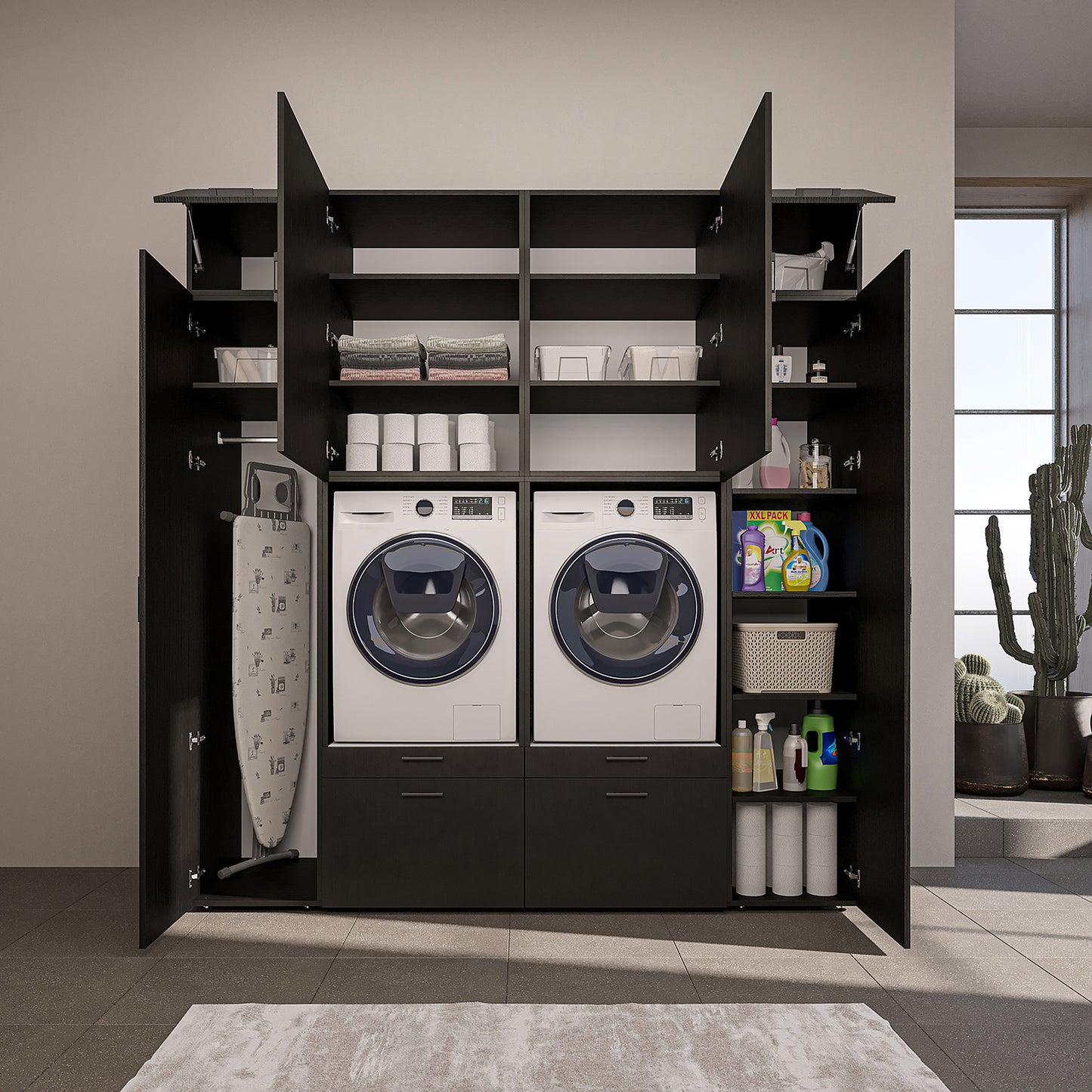 Roomart Waschmaschinenschrank SERIE 2 – Doppelschrank mit Seitenschränken, 3 Farben