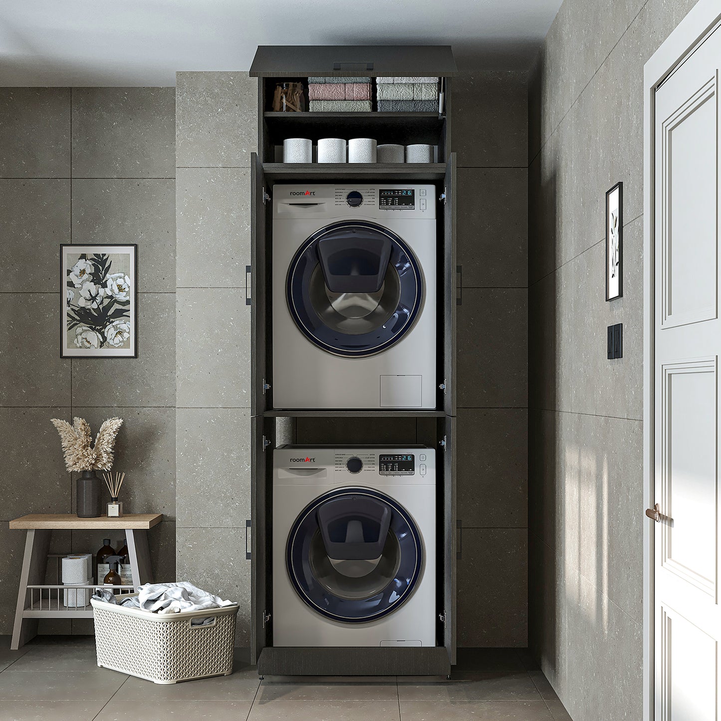 Roomart Waschmaschinenschrank „DORA“ für Waschmaschine & Trockner mit Regalböden, in 5 Farben • Weiß • Weiß Eiche • Anthrazit Eiche • Eiche • Schwarz-Eiche