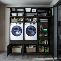 Roomart Schrankwand für Waschküche & Hauswirtschaftsraum - SERIE 1 - 114 cm breit, mit Ausziehbrett & Stauraum, Waschmaschinen-Schrankkombination, in 3 Farben (Weiß, Schwarz-Eiche)