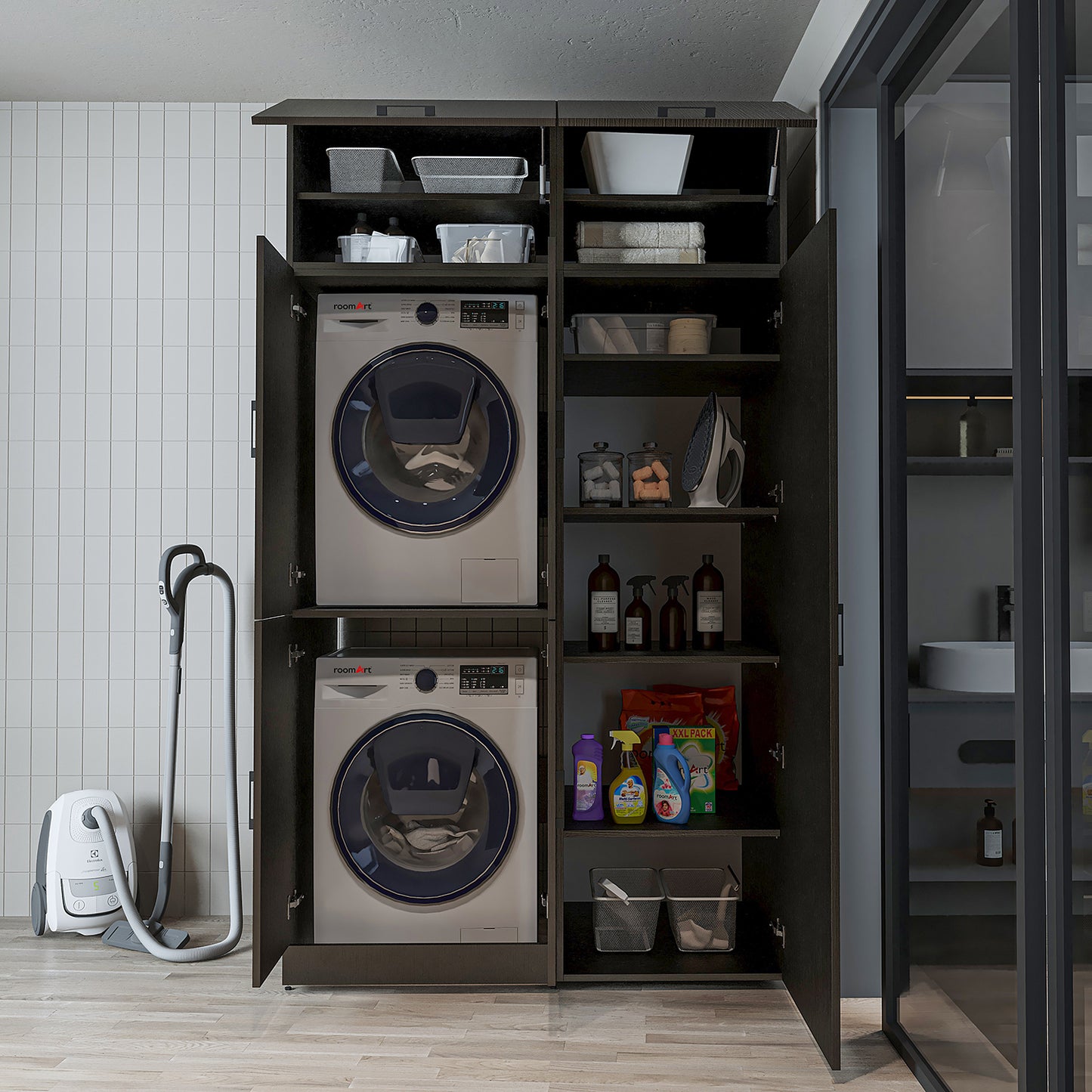 Roomart Waschmaschinenschrank „DORA 130 cm Breit“ für Waschmaschine & Trockner mit Regalböden, in 5 Farben • Weiß • Weiß Eiche • Anthrazit Eiche • Eiche • Schwarz Eiche (Kopie)