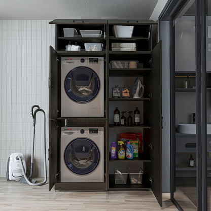 Roomart Waschmaschinenschrank „DORA 130 cm Breit“ für Waschmaschine & Trockner mit Regalböden, in 5 Farben • Weiß • Weiß Eiche • Anthrazit Eiche • Eiche • Schwarz Eiche (Kopie)