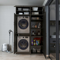 Roomart Waschmaschinenschrank „DORA 130 cm Breit“ für Waschmaschine & Trockner mit Regalböden, in 5 Farben • Weiß • Weiß Eiche • Anthrazit Eiche • Eiche • Schwarz Eiche (Kopie)