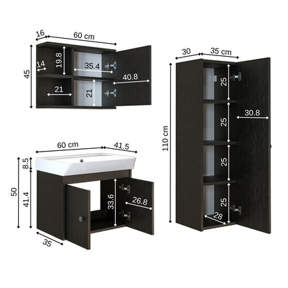 Roomart Badmöbelset ADA – 3-teiliges Badezimmermöbel Set mit Waschbecken, Unterschrank, Spiegelschrank & Seitenschrank – modernes Badmöbel