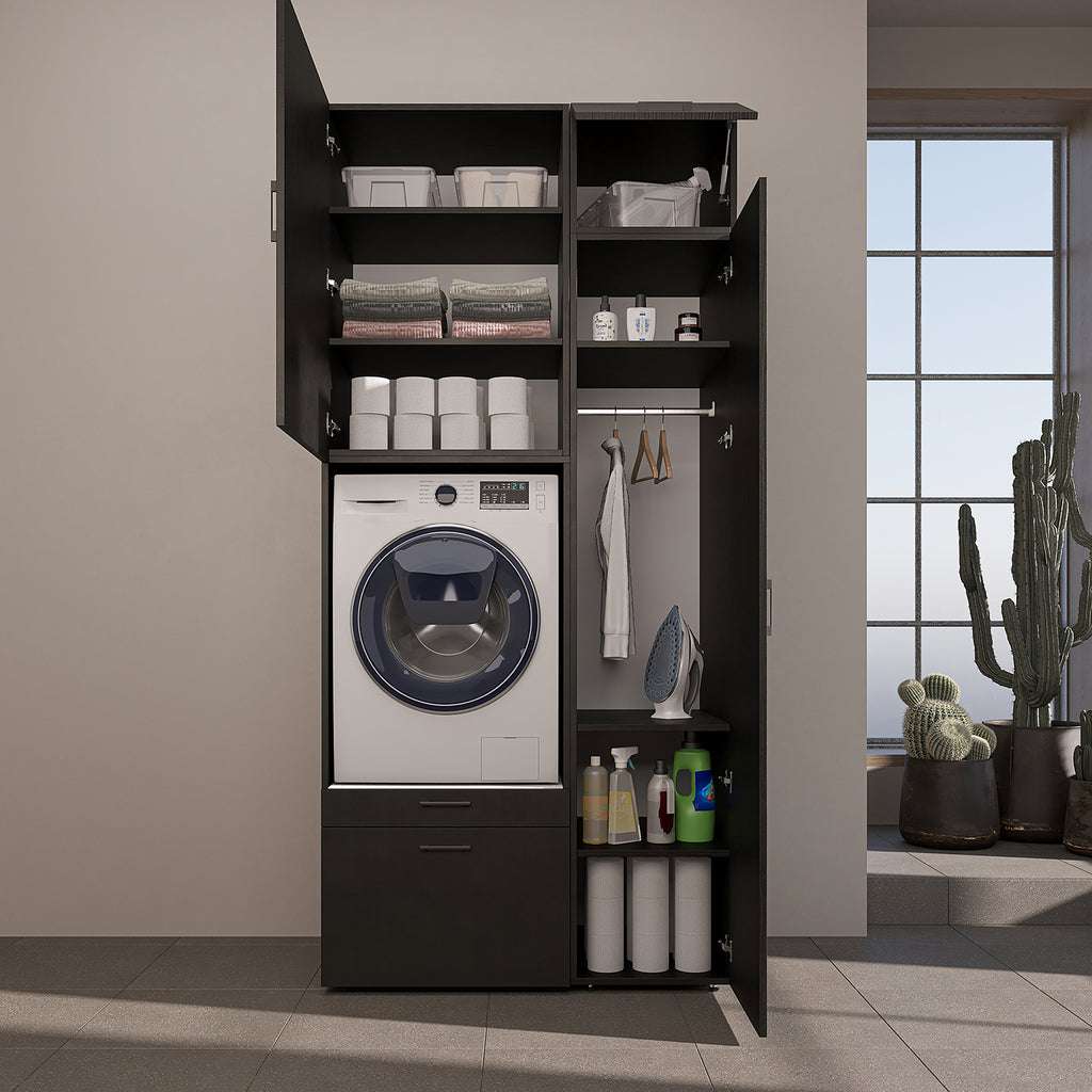 Roomart Waschmaschinenschrank mit Ausziehbrett, 112 cm breit - SERIE 2  – Waschmaschinenüberbau für Waschmaschine & Trockner, Waschturm-Schrank mit Stauraum für Bad & Waschküche