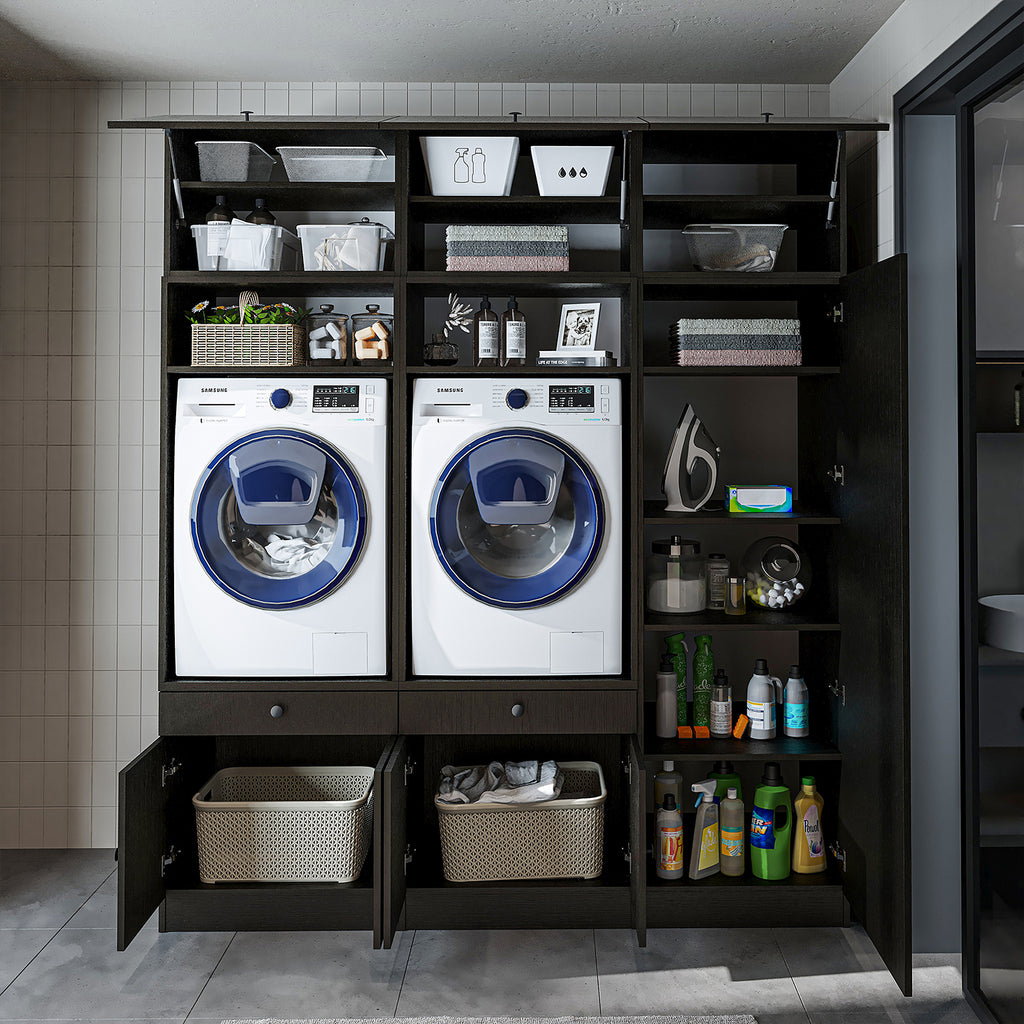 Mueble de pared Roomart para lavadero y cuarto de servicio, en 3 colores, con estante extraíble - blanco - roble negro - mueble para lavadora, estante para lavadora, torre para lavadora, mueble, blanco, lavadoras, mueble bajo, lavadora, secadora, mueble doméstico,