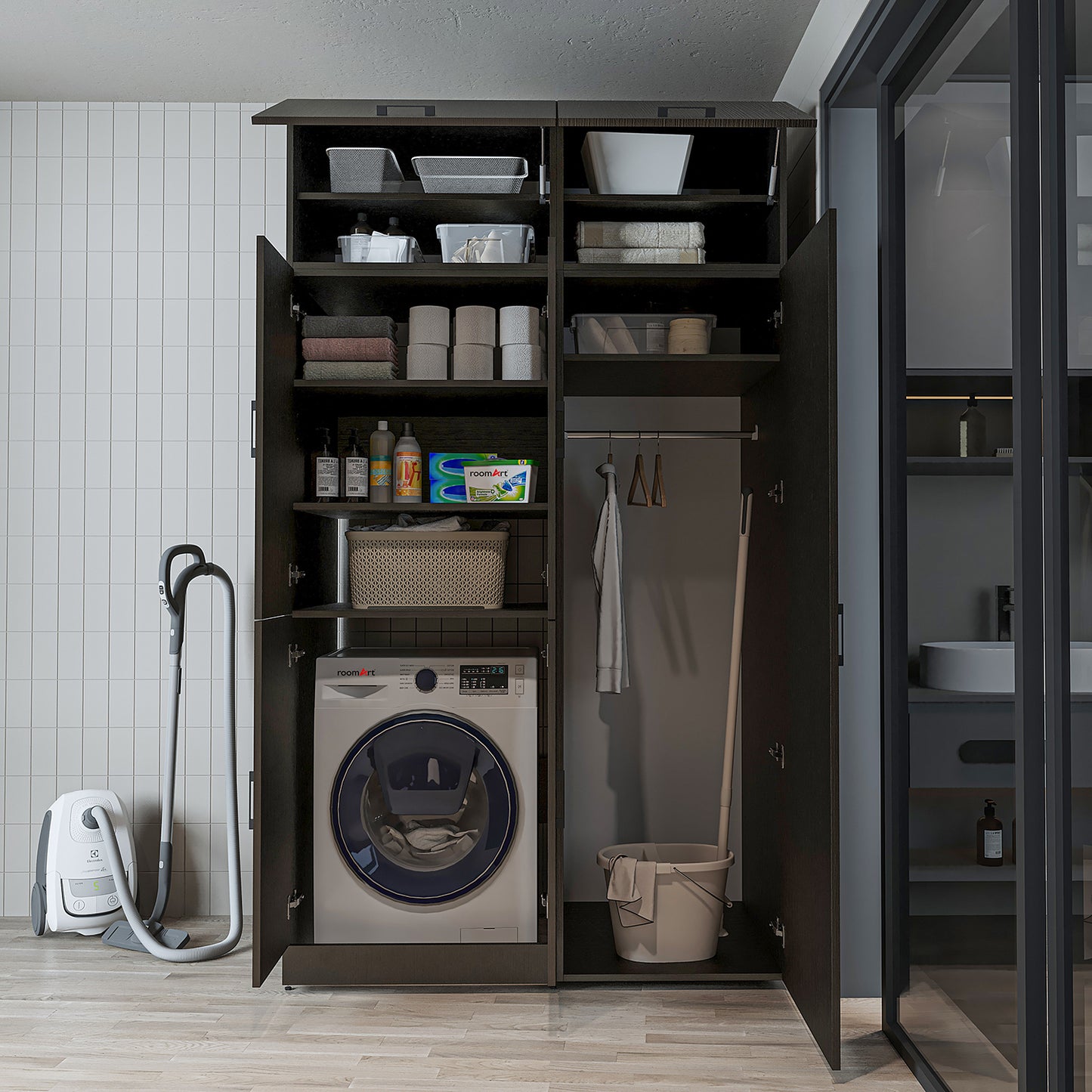 Roomart Waschmaschinenschrank „DORA 130 cm Breit“ für Waschmaschine & Trockner mit Regalböden, in 5 Farben • Weiß • Weiß Eiche • Anthrazit Eiche • Eiche • Schwarz Eiche (Kopie)