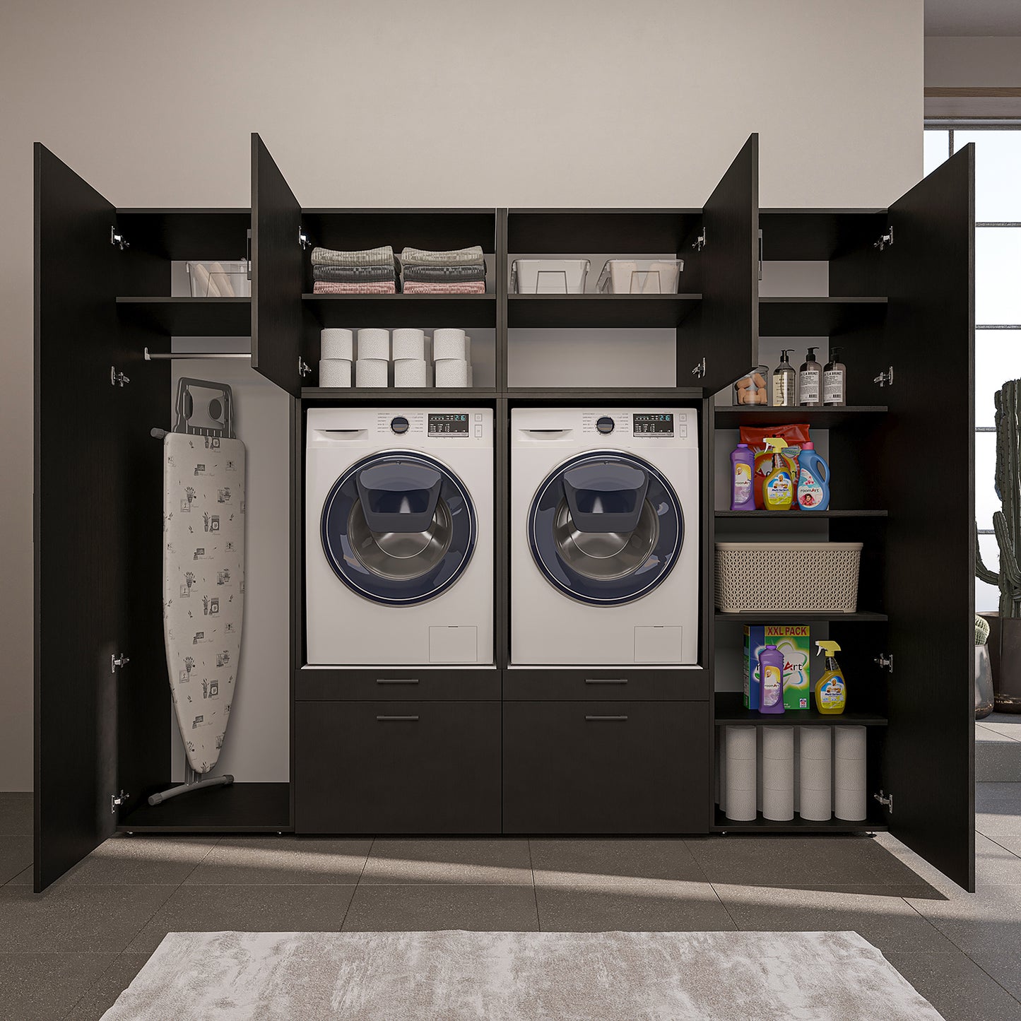 Roomart Waschmaschinenschrank SERIE-III Schrankwand 254 cm – 2 Geräte, Soft-Close | 3 Farben