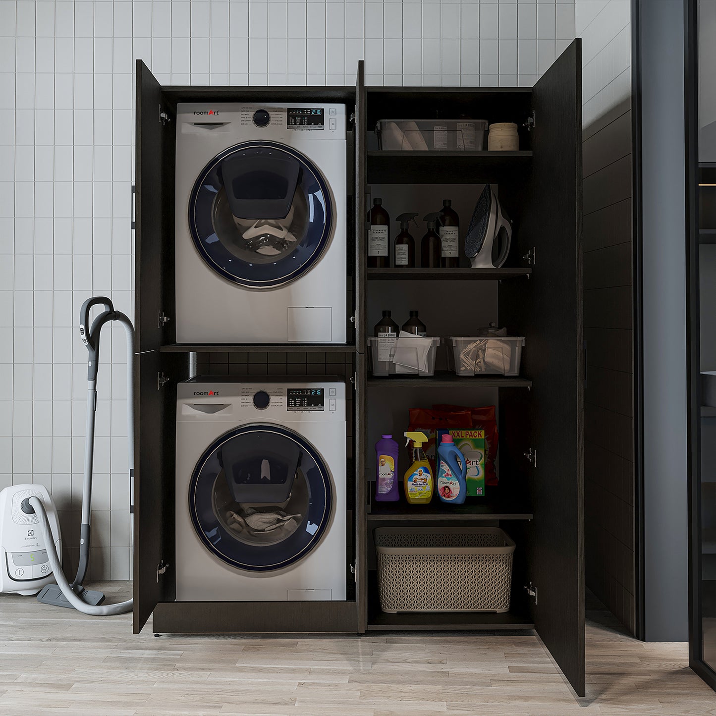 Roomart Waschmaschinenschrank „DORA 130 cm Breit“ für Waschmaschine & Trockner mit Regalböden, in 5 Farben • Weiß • Weiß Eiche • Anthrazit Eiche • Eiche • Schwarz Eiche (Kopie)