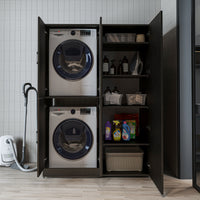 Roomart Waschmaschinenschrank „DORA 130 cm Breit“ für Waschmaschine & Trockner mit Regalböden, in 5 Farben • Weiß • Weiß Eiche • Anthrazit Eiche • Eiche • Schwarz Eiche (Kopie)