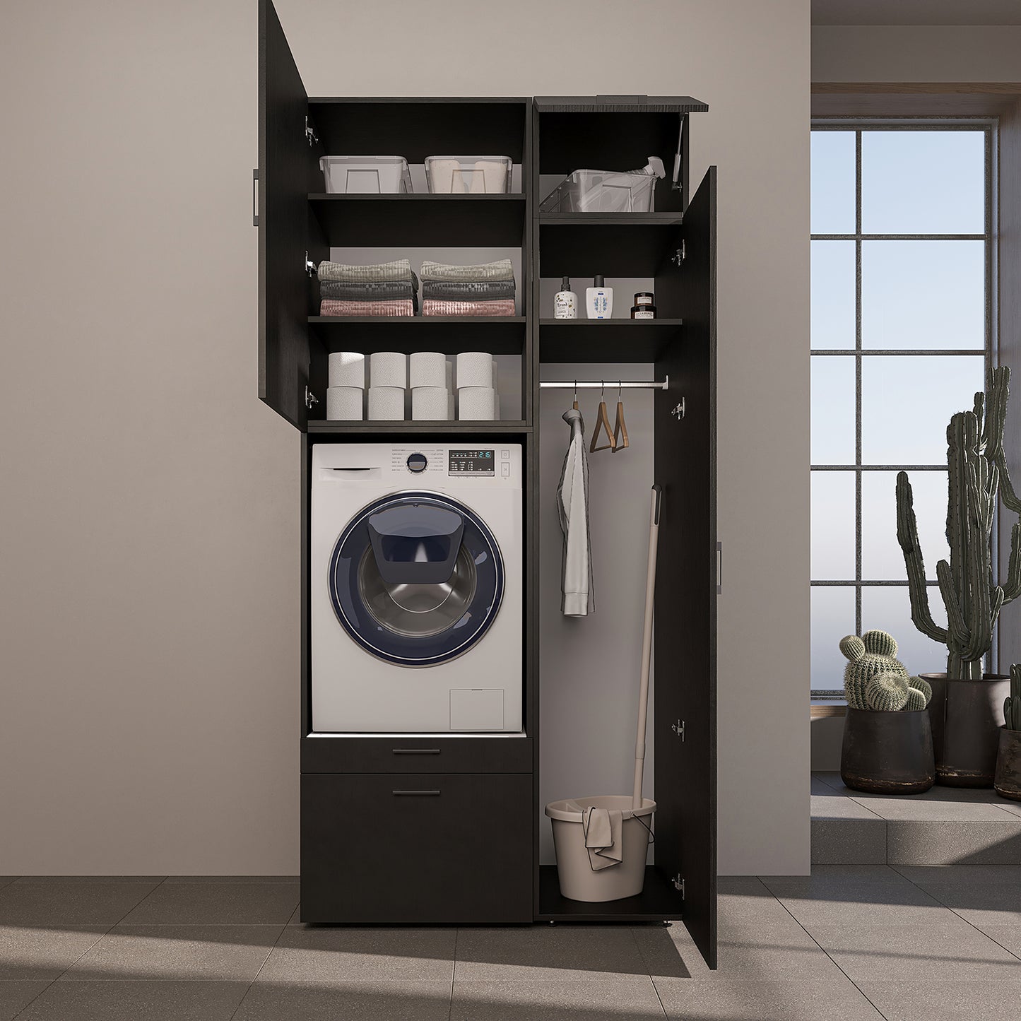 Roomart Waschmaschinenschrank mit Ausziehbrett, 112 cm breit - SERIE 2  – Waschmaschinenüberbau für Waschmaschine & Trockner, Waschturm-Schrank mit Stauraum für Bad & Waschküche