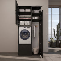 Roomart Waschmaschinenschrank mit Ausziehbrett, 112 cm breit - SERIE 2  – Waschmaschinenüberbau für Waschmaschine & Trockner, Waschturm-Schrank mit Stauraum für Bad & Waschküche