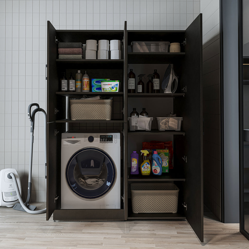 Roomart Waschmaschinenschrank „DORA 130 cm Breit“ für Waschmaschine & Trockner mit Regalböden, in 5 Farben • Weiß • Weiß Eiche • Anthrazit Eiche • Eiche • Schwarz Eiche (Kopie)