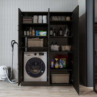 Roomart Waschmaschinenschrank „DORA 130 cm Breit“ für Waschmaschine & Trockner mit Regalböden, in 5 Farben • Weiß • Weiß Eiche • Anthrazit Eiche • Eiche • Schwarz Eiche (Kopie)