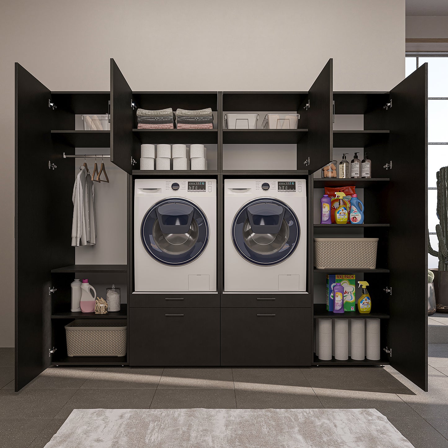Roomart Waschmaschinenschrank SERIE-III Schrankwand 254 cm – 2 Geräte, Soft-Close | 3 Farben