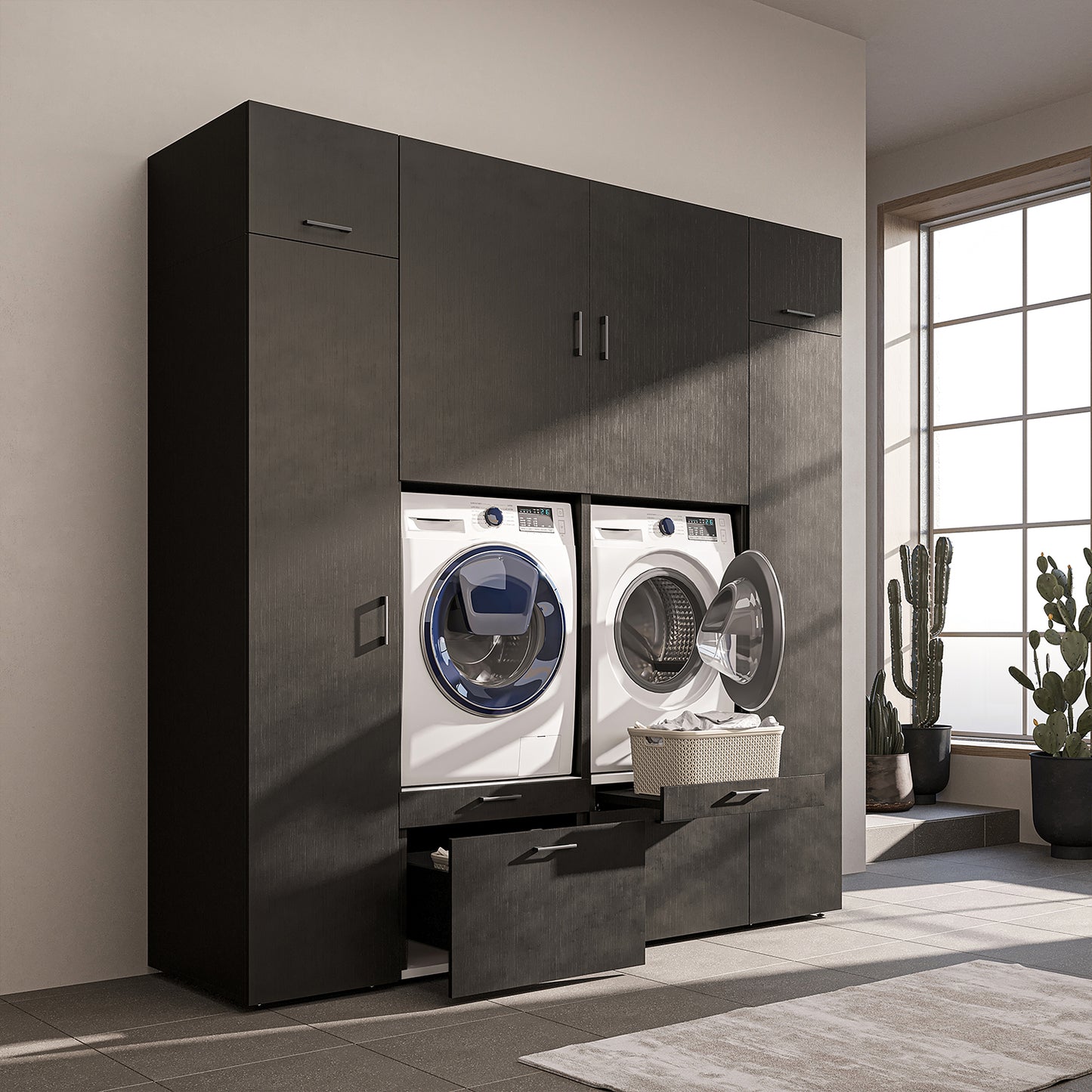 Roomart Waschmaschinenschrank SERIE 2 – Doppelschrank mit Seitenschränken, 3 Farben