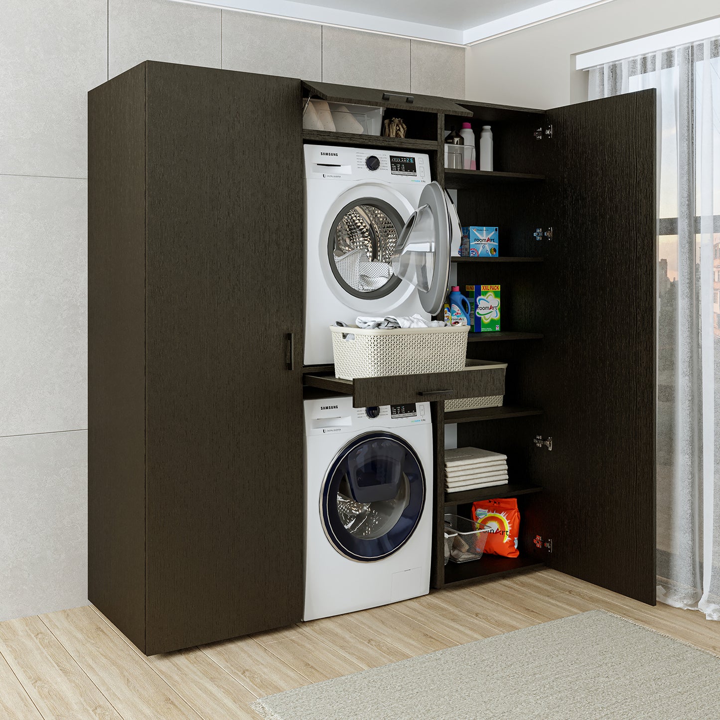 Roomart DUO I Schrankwand 187 cm – Waschmaschine & Trockner, Soft-Close | 3 Farben