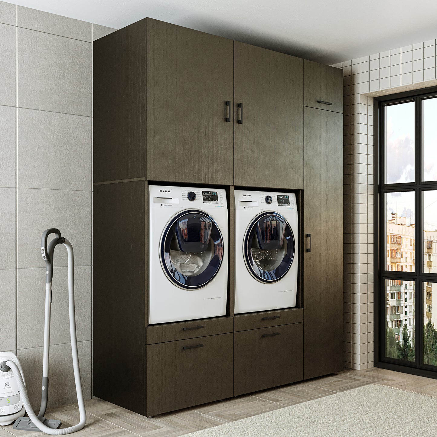 Roomart Waschmaschinenschrank Doppelschrank – SERIE 2 – Überbauschrank für Waschküche & Hauswirtschaftsraum – mit Ausziehbrett & Schubladen – in 3 Farben