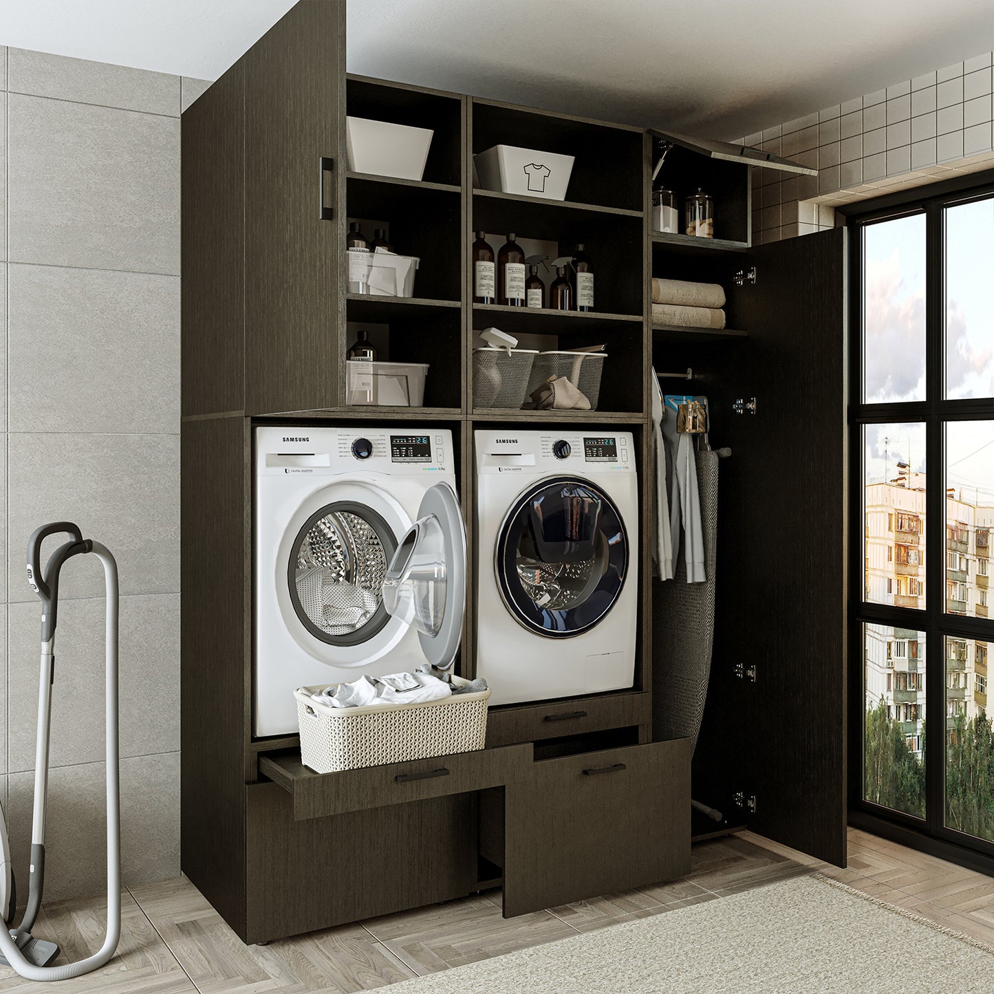 Roomart Waschmaschinenschrank Doppelschrank – SERIE 2 – Überbauschrank für Waschküche & Hauswirtschaftsraum – mit Ausziehbrett & Schubladen – in 3 Farben