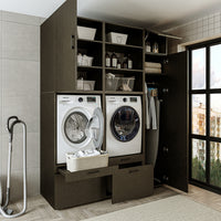 Roomart Waschmaschinenschrank Doppelschrank – SERIE 2 – Überbauschrank für Waschküche & Hauswirtschaftsraum – mit Ausziehbrett & Schubladen – in 3 Farben