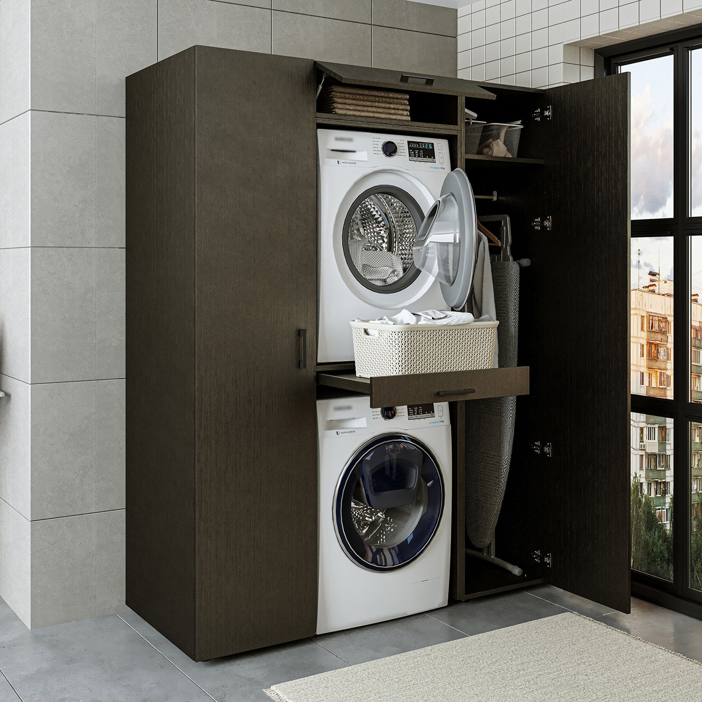 Roomart DUO-I Waschmaschinenschrank Schrankwand 157 cm – Waschmaschine & Trockner + Hochschrank | in 3 Farben