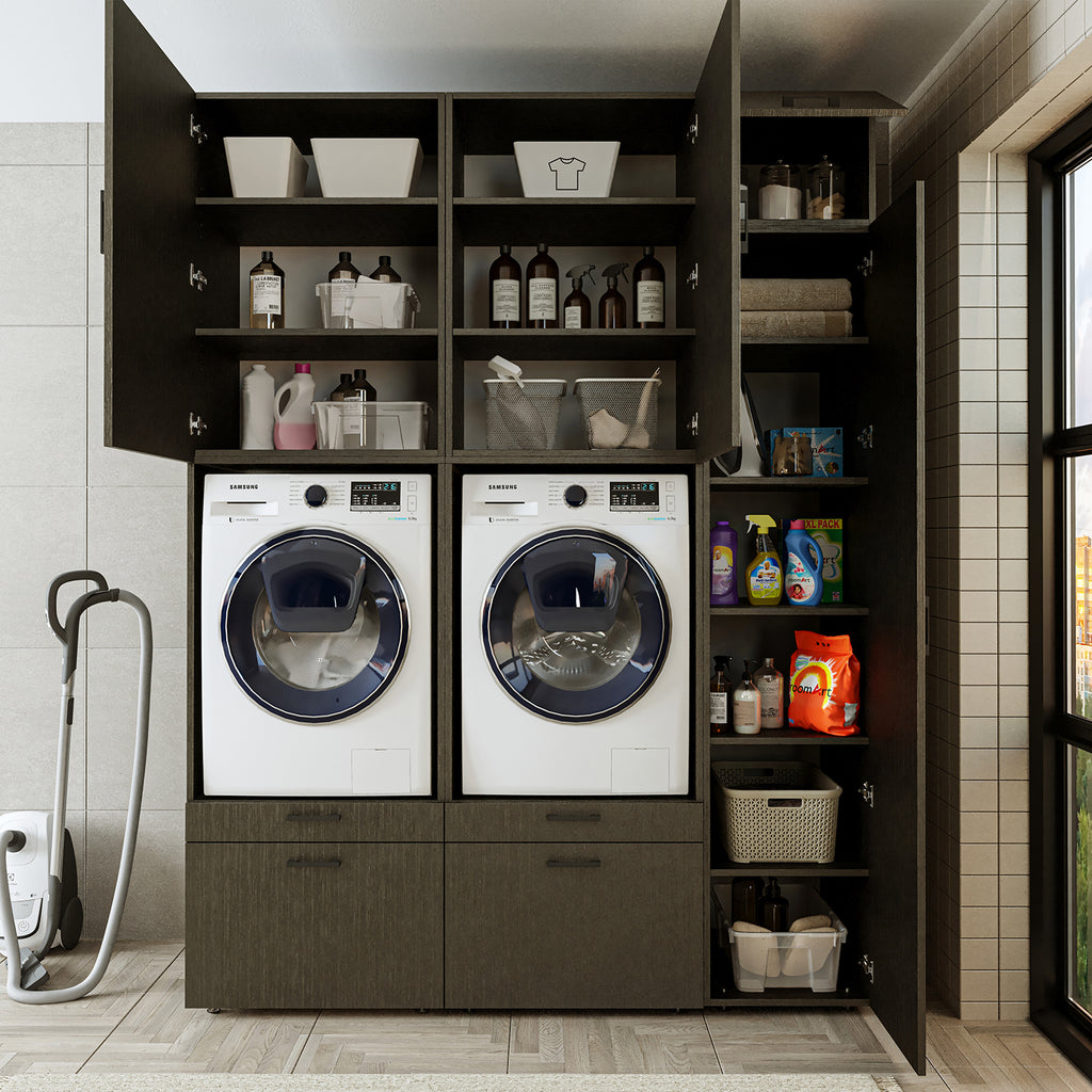 Roomart Waschmaschinenschrank Doppelschrank – SERIE 2 – Überbauschrank für Waschküche & Hauswirtschaftsraum – mit Ausziehbrett & Schubladen – in 3 Farben