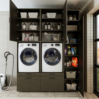 Roomart Waschmaschinenschrank Doppelschrank – SERIE 2 – Überbauschrank für Waschküche & Hauswirtschaftsraum – mit Ausziehbrett & Schubladen – in 3 Farben