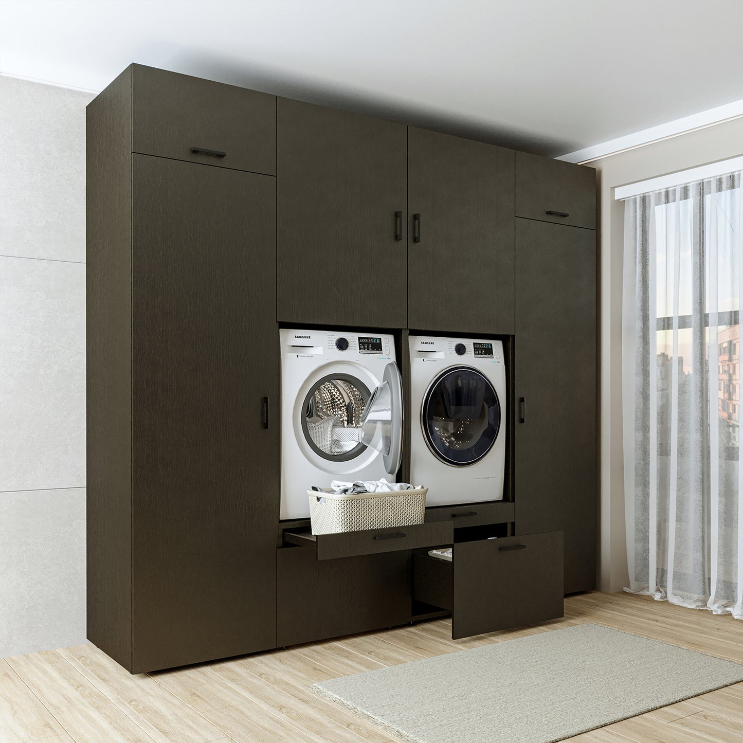 Roomart Waschmaschinenschrank SERIE 2 – Doppelschrank mit Seitenschränken, 3 Farben