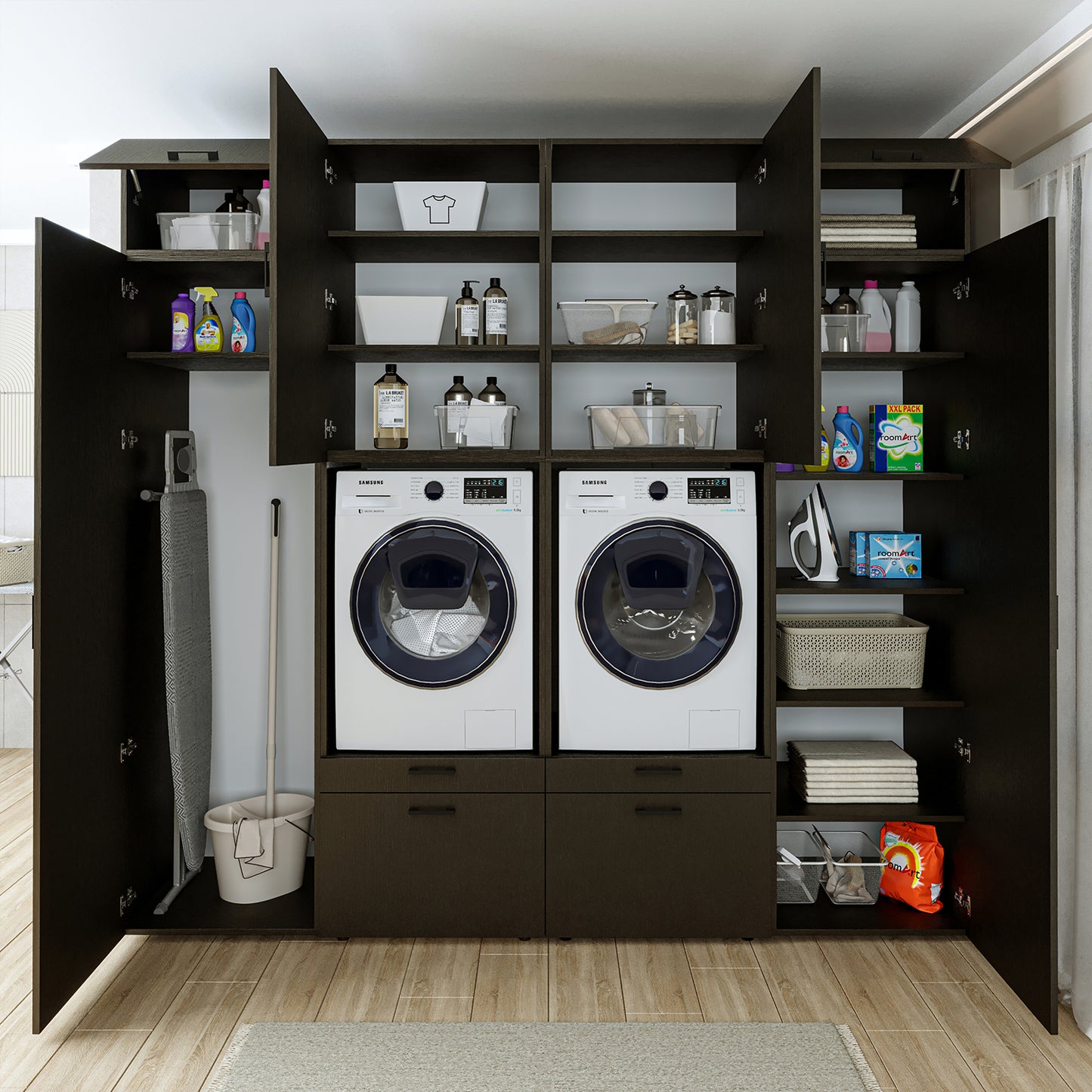 Roomart Waschmaschinenschrank SERIE 2 – Doppelschrank mit Seitenschränken, 3 Farben