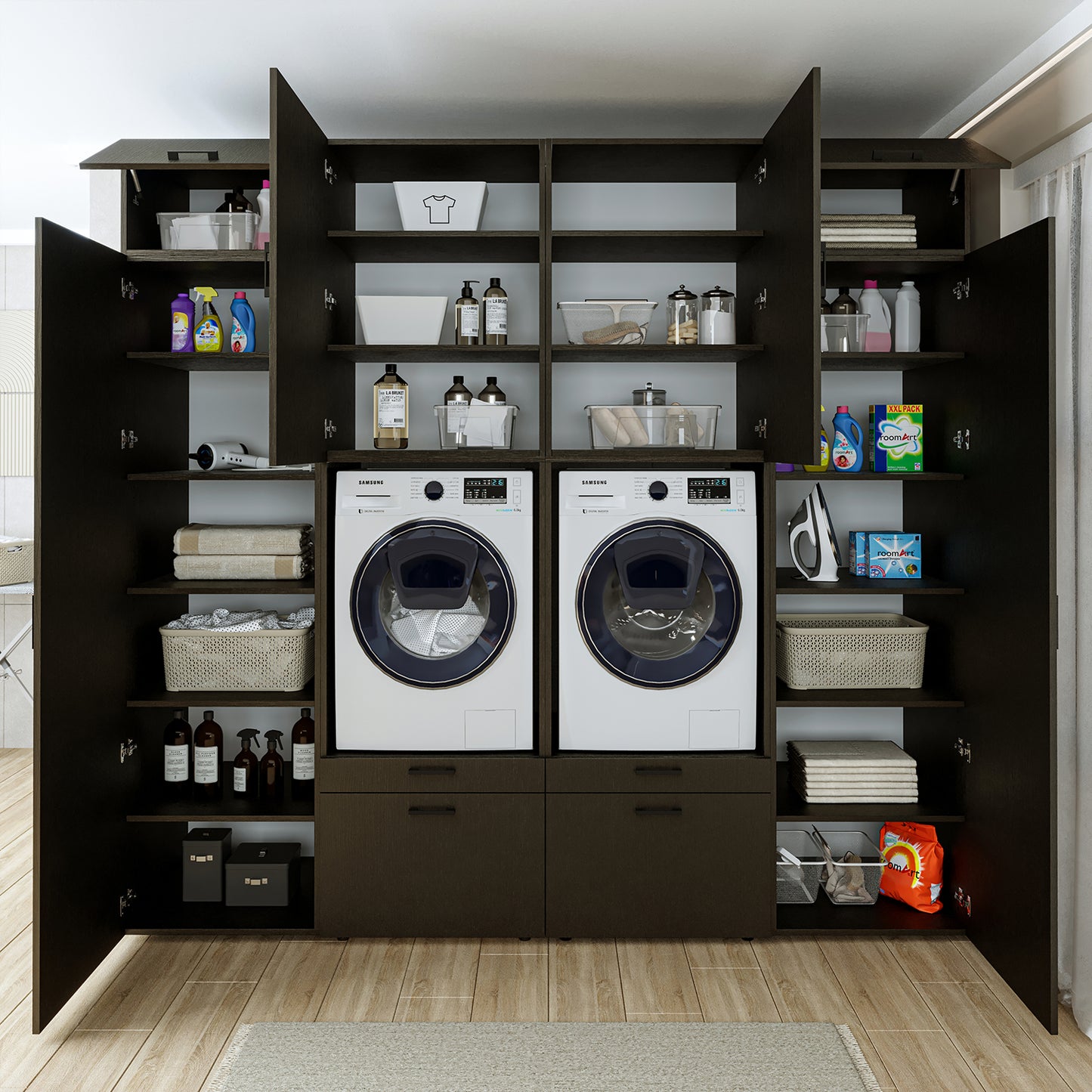 Roomart Waschmaschinenschrank SERIE 2 – Doppelschrank mit Seitenschränken, 3 Farben