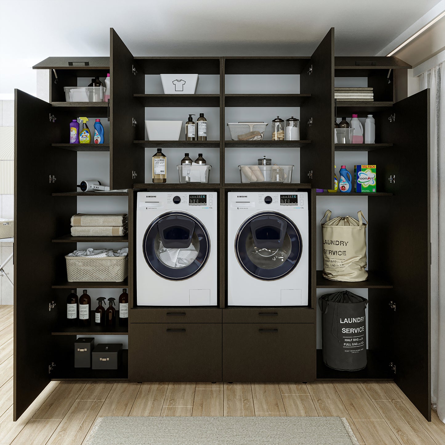 Roomart Waschmaschinenschrank SERIE 2 – Doppelschrank mit Seitenschränken, 3 Farben