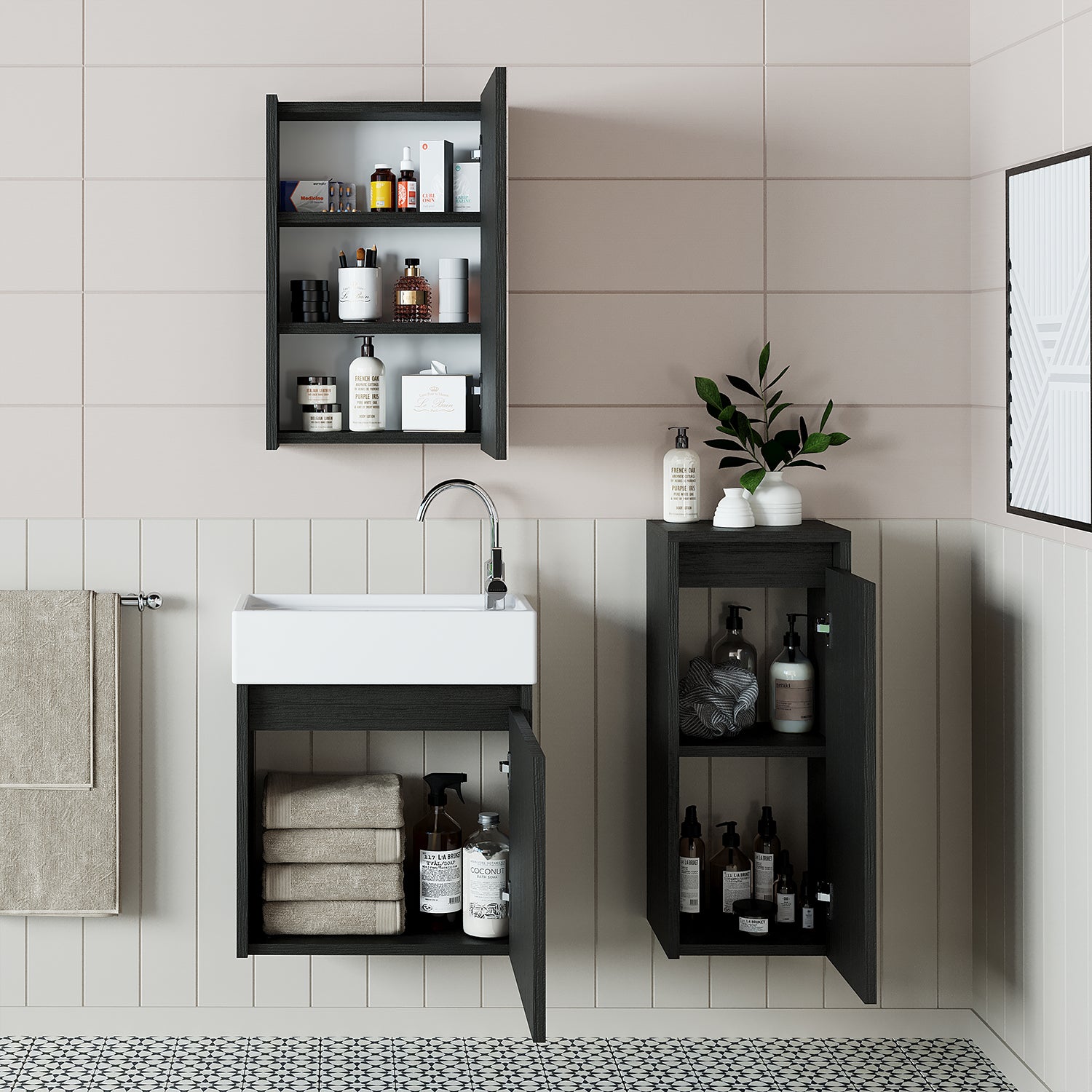 badmöbelset • 50cm • unterschrank mit waschbecken • badezimmer möbel •  gäste wc - spiegelschrank / weiß eiche