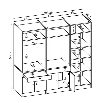 Roomart Waschmaschinenschrank SERIE 3 – 194 cm breit, 2× Waschmaschine nebeneinander mit Ausziehbrett & Hochschrank – Waschküche & Hauswirtschaftsraum – Eiche / Schwarz-Eiche / Weiß
