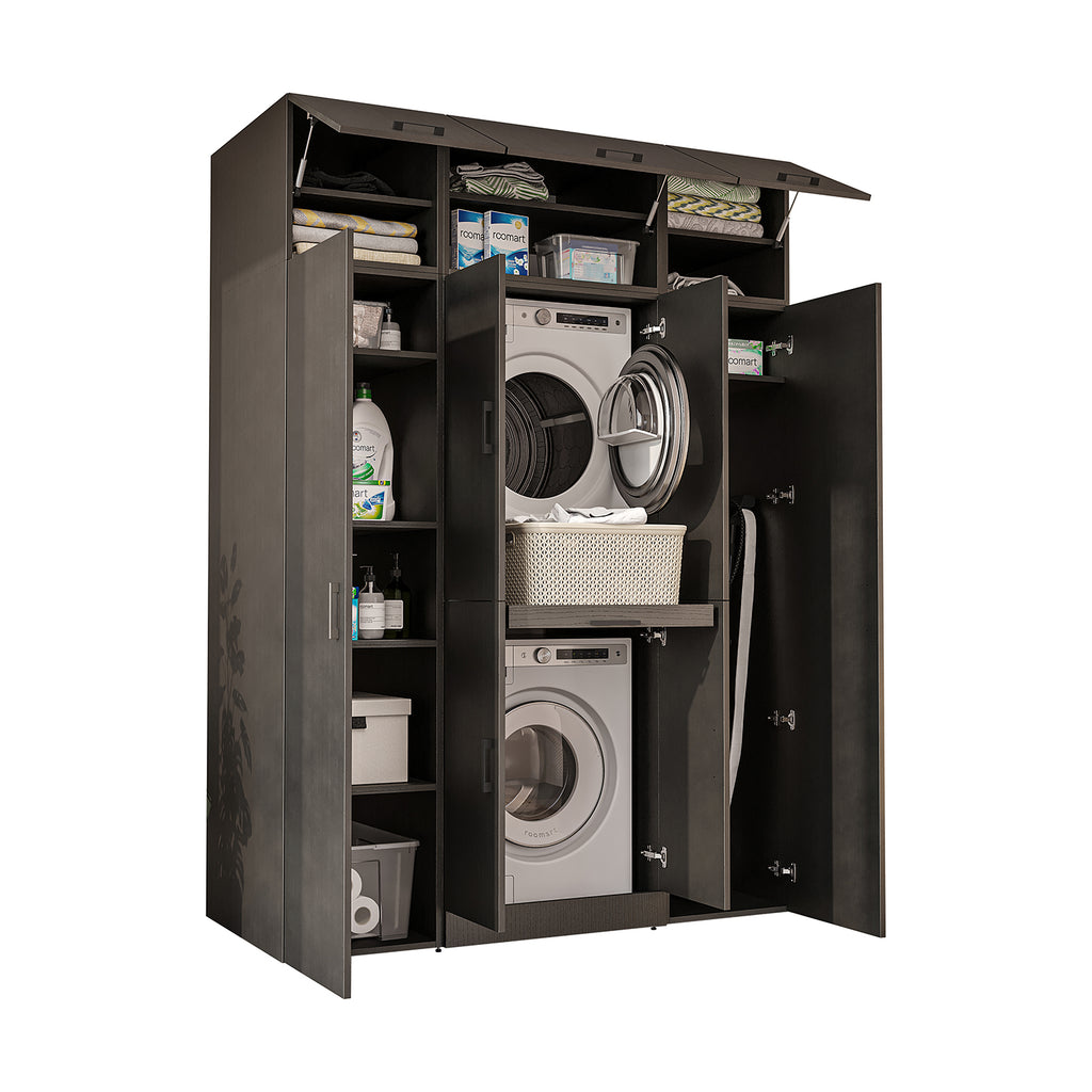 Roomart Waschmaschinenschrank DORA-I 160 cm, Schwarz Eiche, 230 cm hoch, weißer Hintergrund