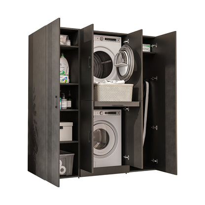Roomart Waschmaschinenschrank DORA-I 160 cm, Schwarz Eiche, 186 cm hoch, weißer Hintergrund