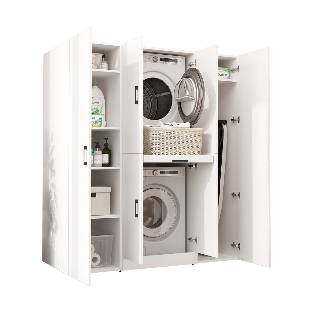 Roomart Waschmaschinenschrank DORA-I 160 cm, Weiß, 186 cm hoch, weißer Hintergrund