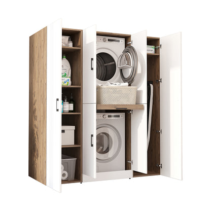 Roomart Waschmaschinenschrank DORA-I 160 cm, Weiß Eiche, 186 cm hoch, weißer Hintergrund
