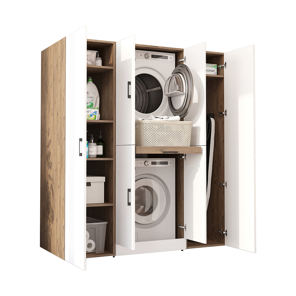 Roomart Waschmaschinenschrank DORA-I 160 cm, Weiß Eiche, 186 cm hoch, weißer Hintergrund