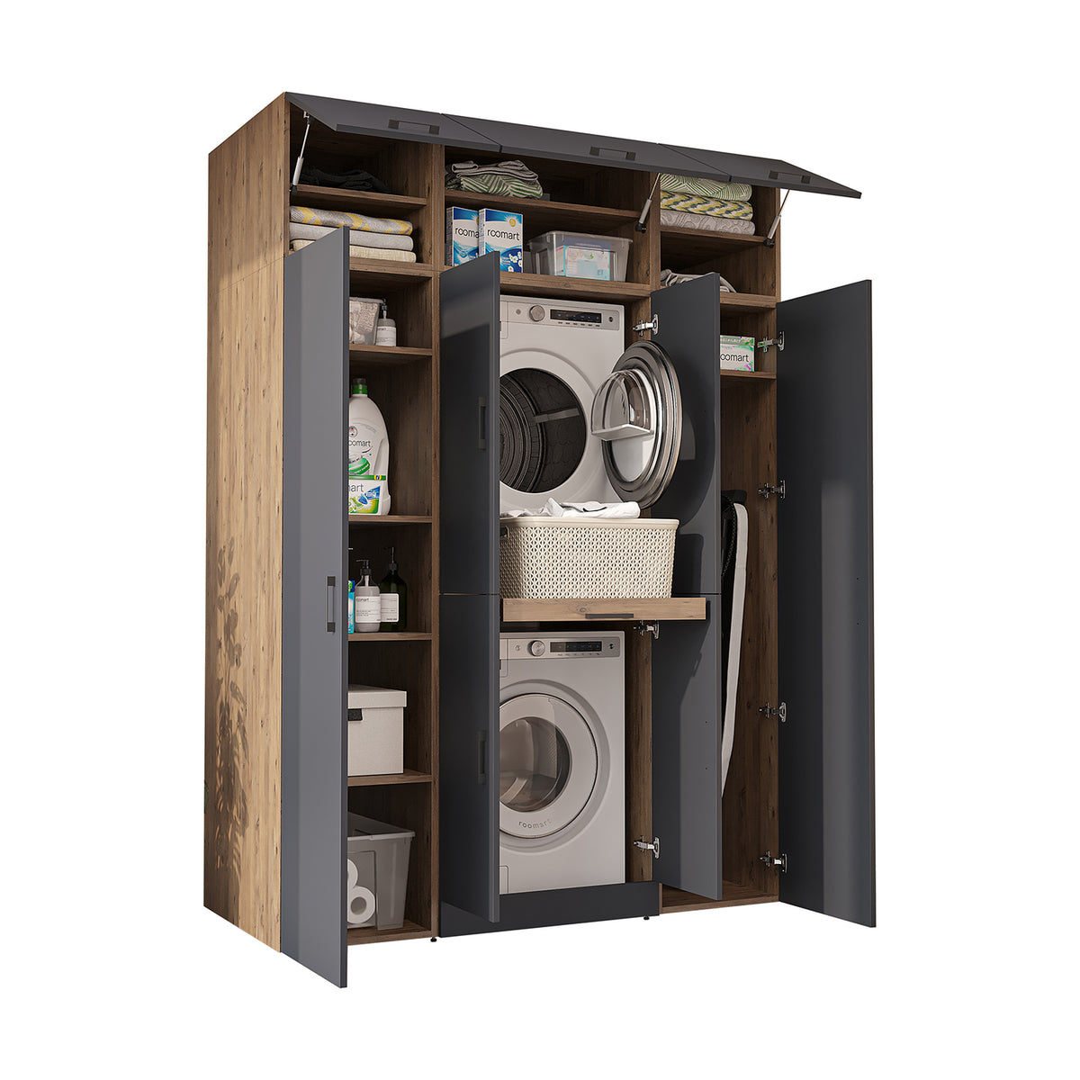 Roomart Waschmaschinenschrank DORA-I 160 cm, Anthrazit Eiche, 230 cm hoch, weißer Hintergrund