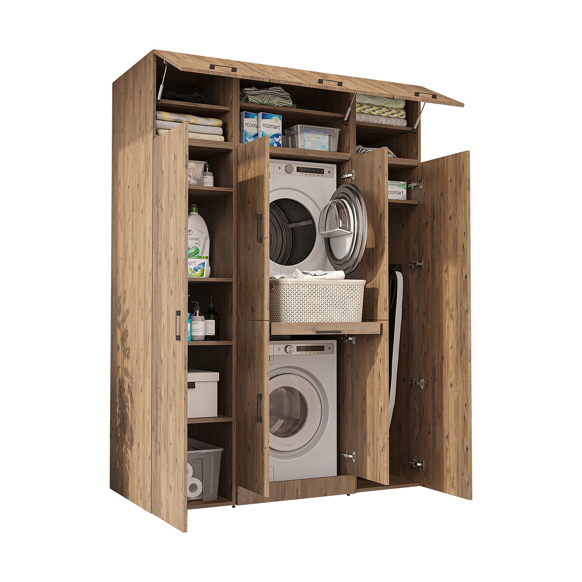 Roomart Waschmaschinenschrank DORA-I 160 cm, Eiche, 230 cm hoch, weißer Hintergrund