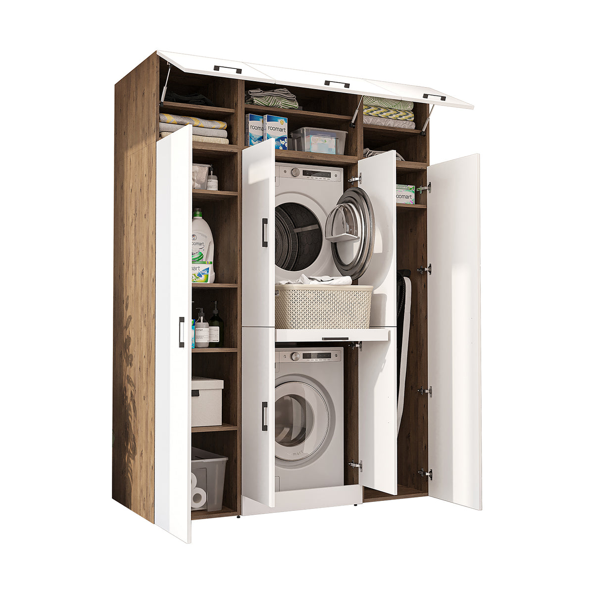 Roomart Waschmaschinenschrank DORA-I 160 cm, Weiß Eiche, 230 cm hoch, weißer Hintergrund