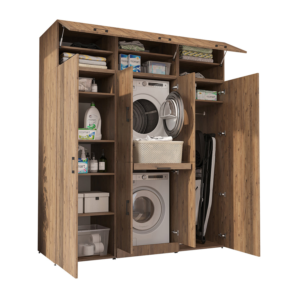 Roomart Waschmaschinenschrank DORA-I 190 cm, Eiche, 230 cm hoch, weißer Hintergrund