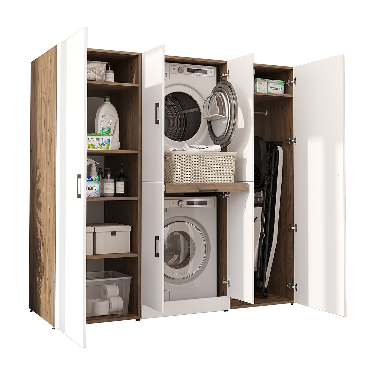 Roomart Waschmaschinenschrank DORA-I 190 cm, Weiß Eiche, 186 cm hoch, weißer Hintergrund