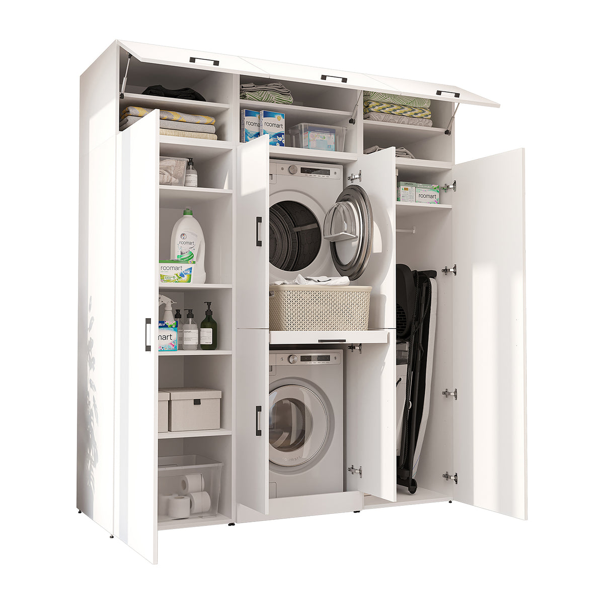 Roomart Waschmaschinenschrank DORA-I 190 cm, Weiß, 230 cm hoch, weißer Hintergrund