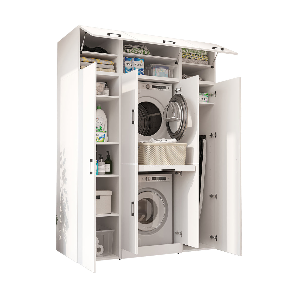 Roomart Waschmaschinenschrank DORA-I 160 cm, Weiß, 230 cm hoch, weißer Hintergrund