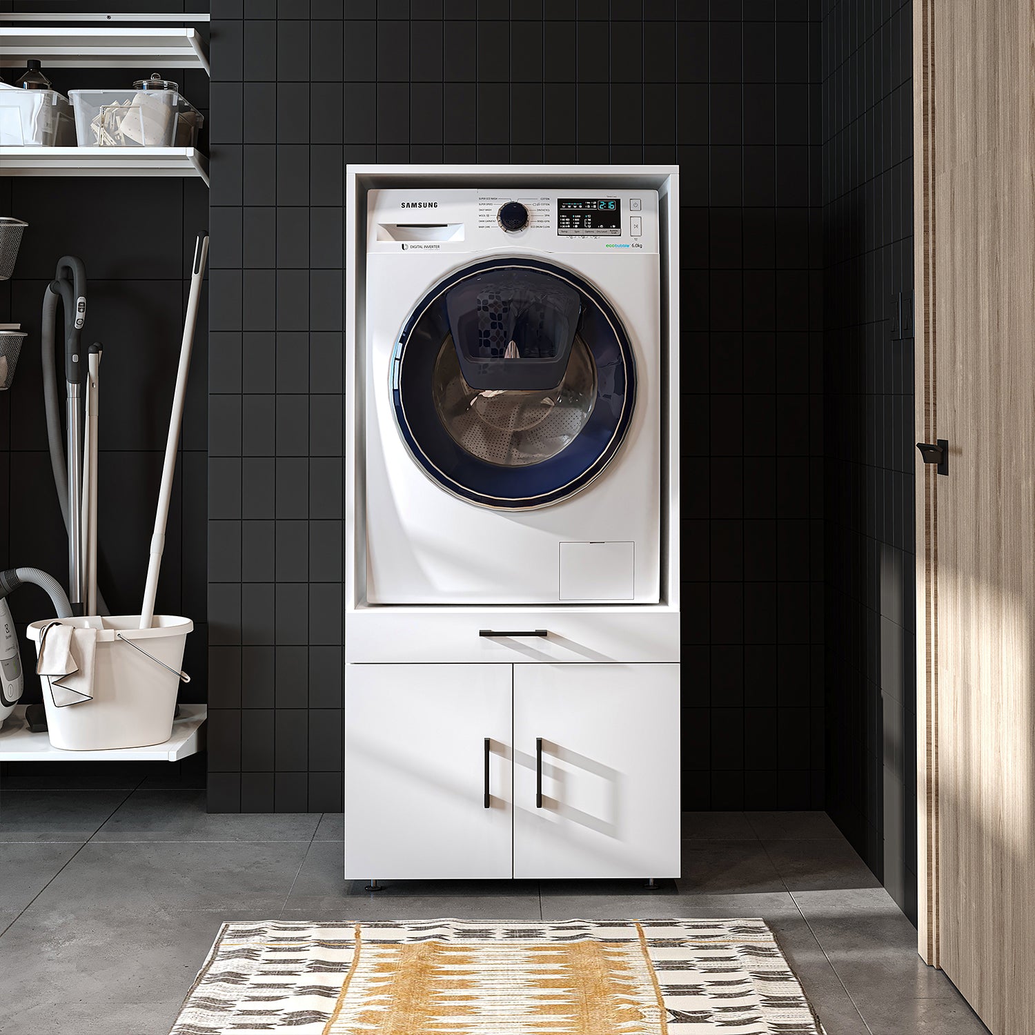 washing machine cabinet, washing machine underframe, washing machine underframe, washing machine cabinet, washing machine underframe, washing machine rack, washing machine cabinet, washing machine cabinet, washing machine stand, washing machine overframe, storage cabinet, with lots of storage space, white, black oak, bathroom cabinet
