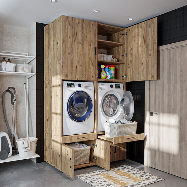 Roomart Waschmaschinenschrank 95 cm mit Schrankaufsätzen & Ausziehbrett - SERIE 3 - BHT: 134×240×66,8 cm – Hauswirtschaftsraum & Waschküche – Weiß | Eiche | Schwarz-Eiche