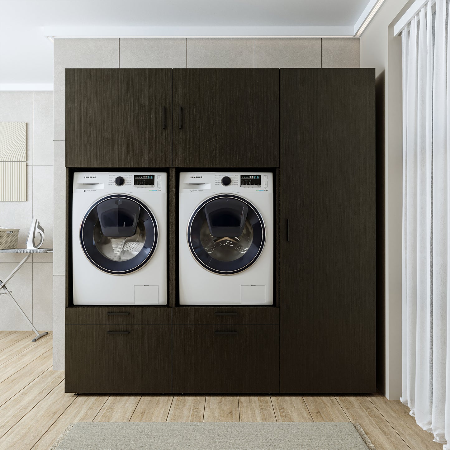 Roomart Waschmaschinenschrank Doppelschrank – SERIE 2 – 194 cm breit, Überbauschrank für Waschküche & Hauswirtschaftsraum – 205 cm hoch – mit Ausziehbrett & Schubladen – in 3 Farben