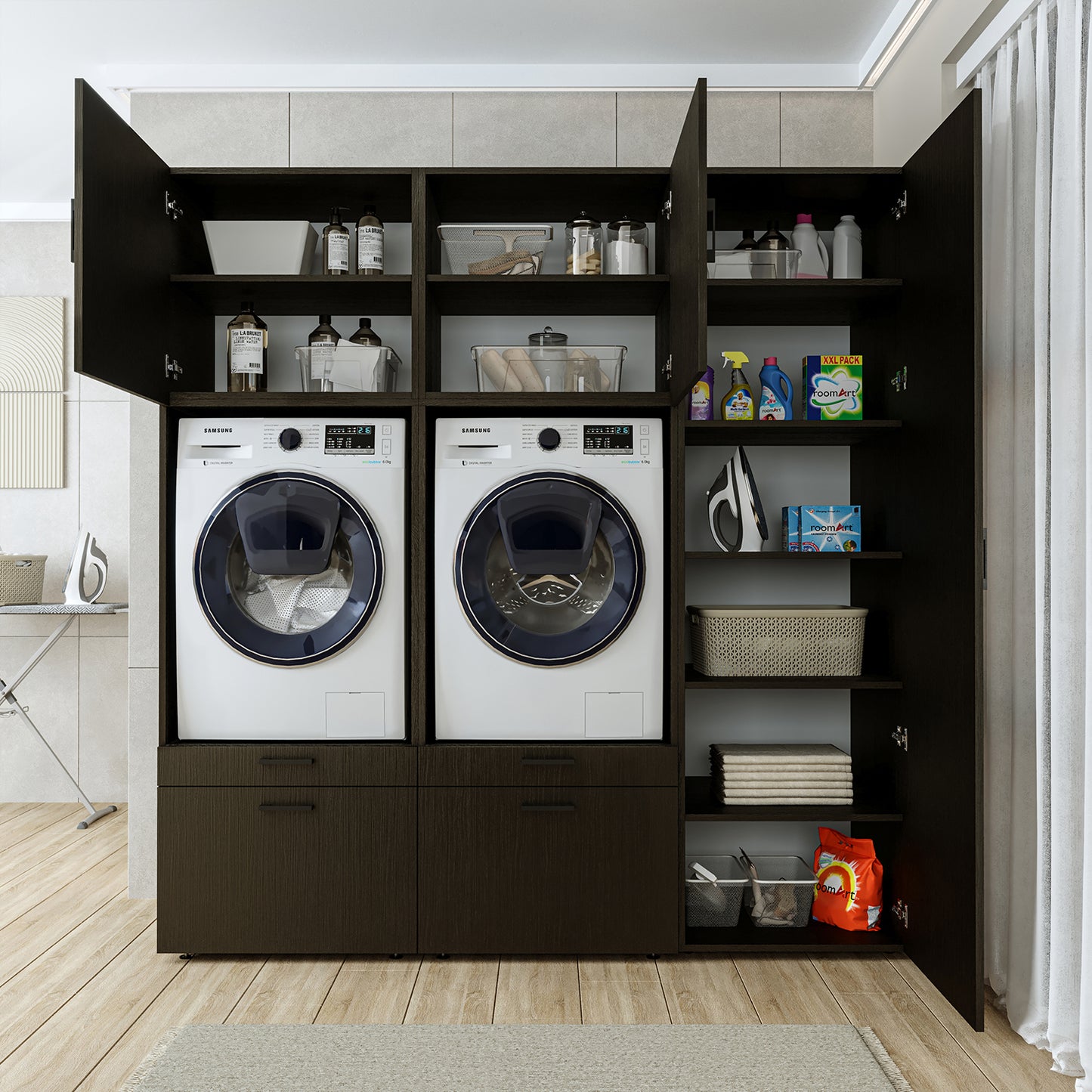 Roomart Waschmaschinenschrank Doppelschrank – SERIE 2 – 194 cm breit, Überbauschrank für Waschküche & Hauswirtschaftsraum – 205 cm hoch – mit Ausziehbrett & Schubladen – in 3 Farben