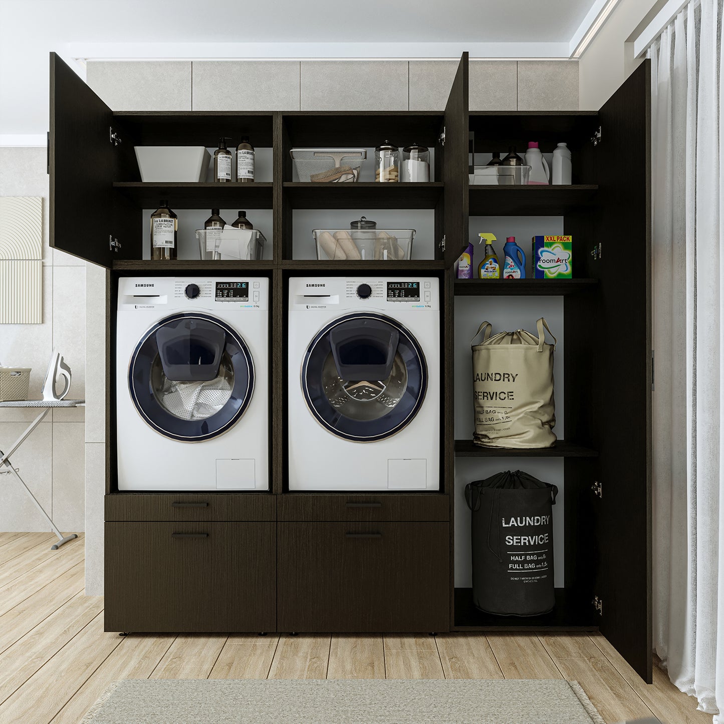 Roomart Waschmaschinenschrank Doppelschrank – SERIE 2 – 194 cm breit, Überbauschrank für Waschküche & Hauswirtschaftsraum – 205 cm hoch – mit Ausziehbrett & Schubladen – in 3 Farben