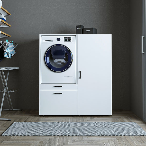 Roomart Waschmaschinenschrank für Hauswirtschaftsraum & Waschküche - SERIE 2 -  145 cm breit,  Mit Schubladen & Ausziehbrett • Weiß • Schwarz-Eiche